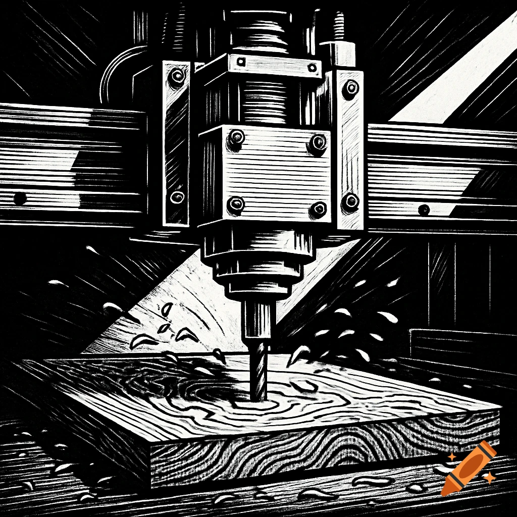 Black and white line art illustration of a CNC router carving wood.
