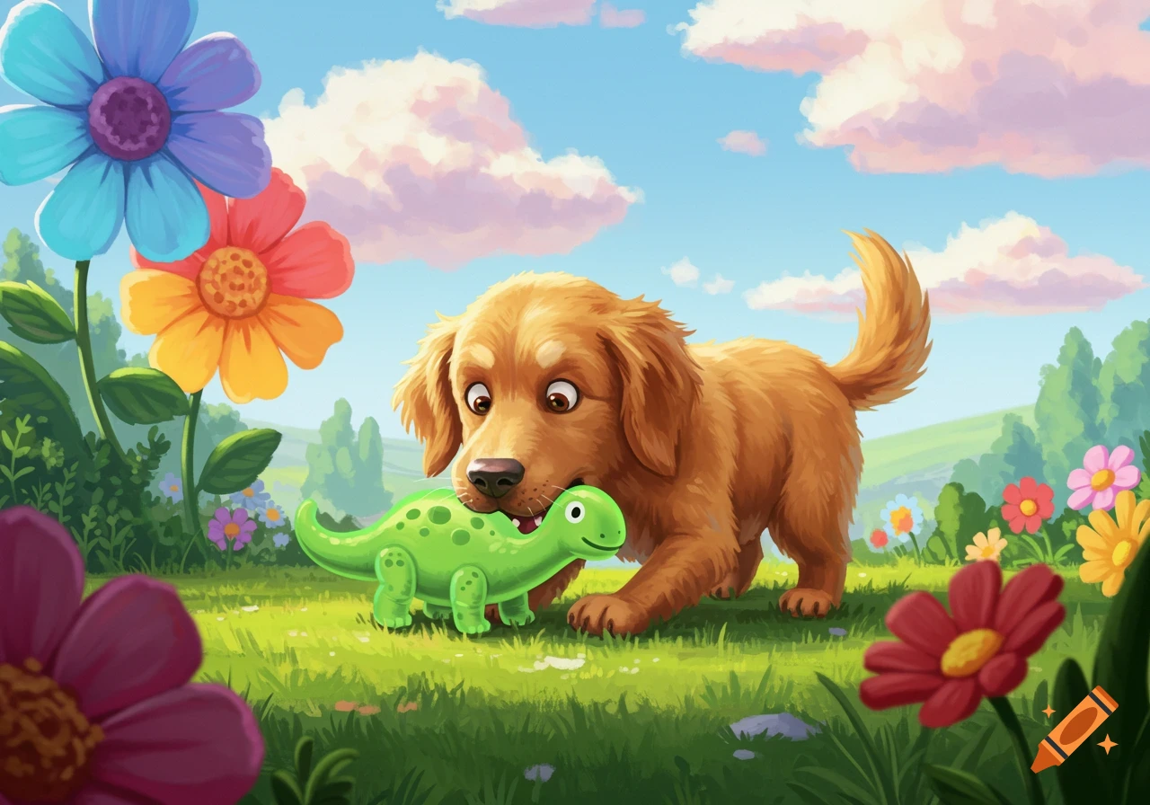 A cute cartoon golden retriever puppy playing with a green dinosaur toy in a flowery, grassy field under a blue sky.