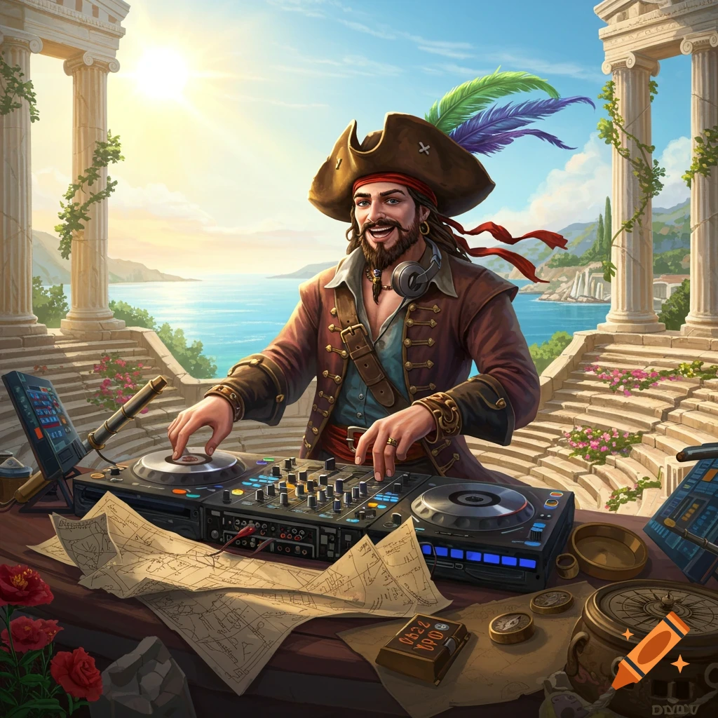 A smiling pirate DJing on turntables outdoors amidst classical Greek columns overlooking a sunny Mediterranean sea.