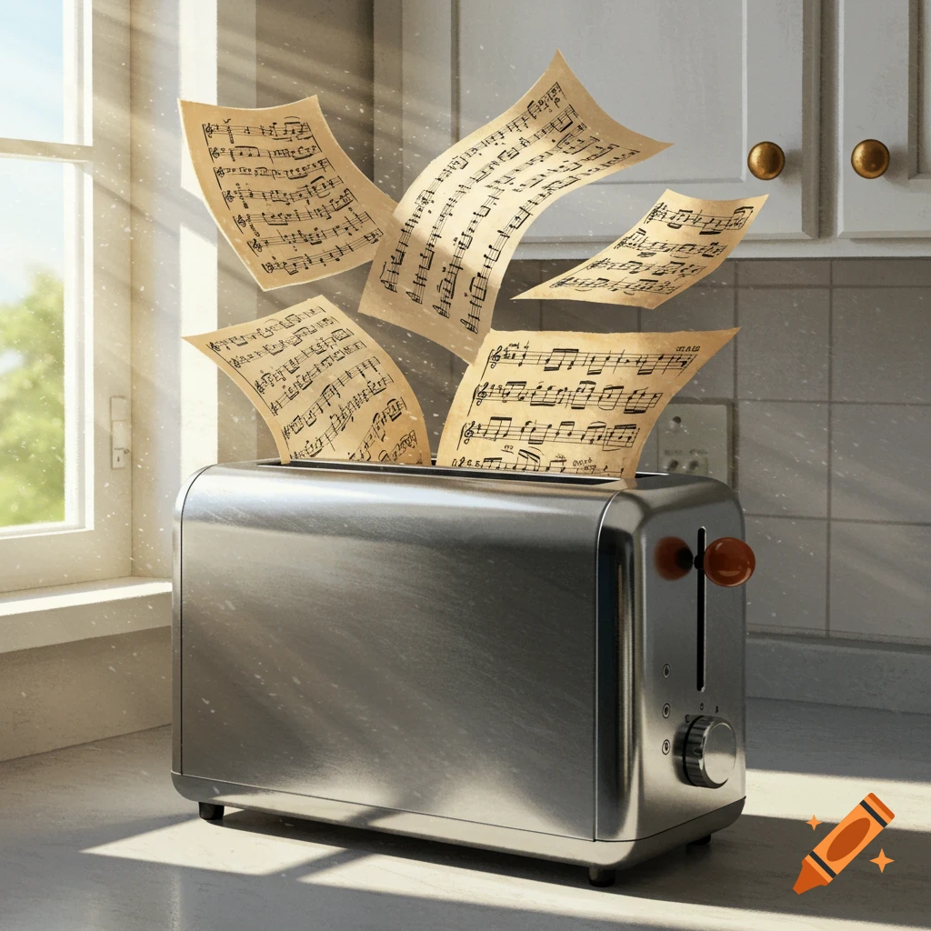 Shiny toaster ejecting multiple sheets of antique-looking sheet music into the air in a sunlit kitchen.