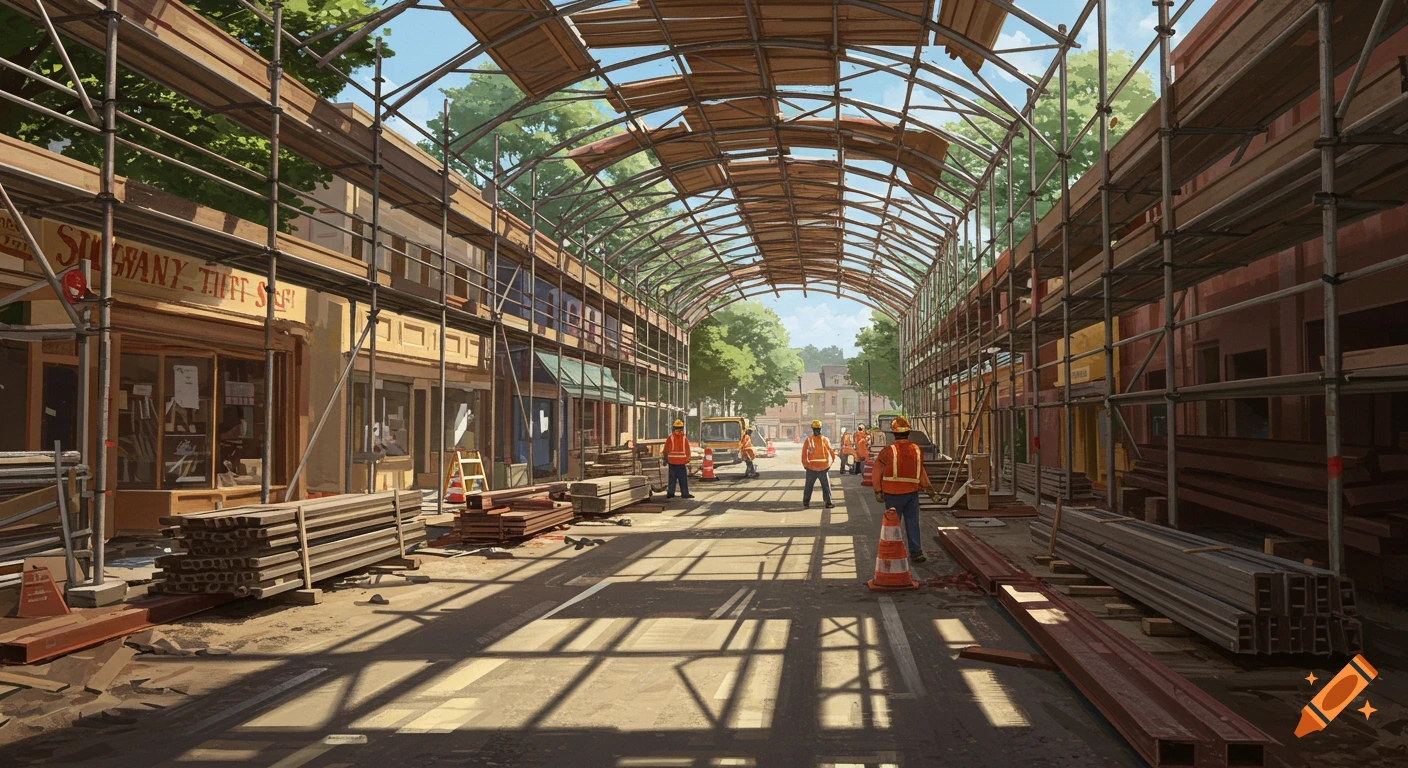 A bustling city street undergoing construction, with scaffolding forming a tunnel over the road, surrounded by buildings and workers.