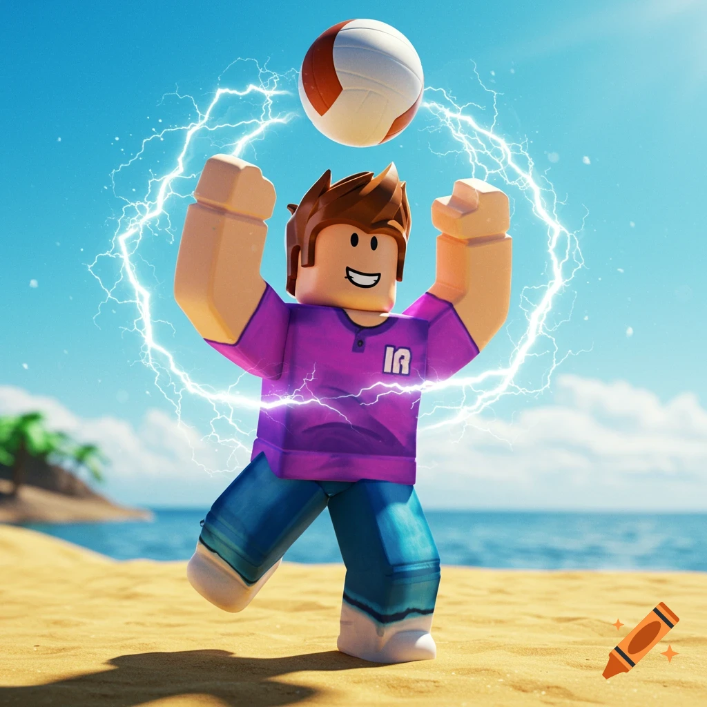 Roblox character playing volleyball on a sandy beach with lightning effects around him and the ball under a blue sky.