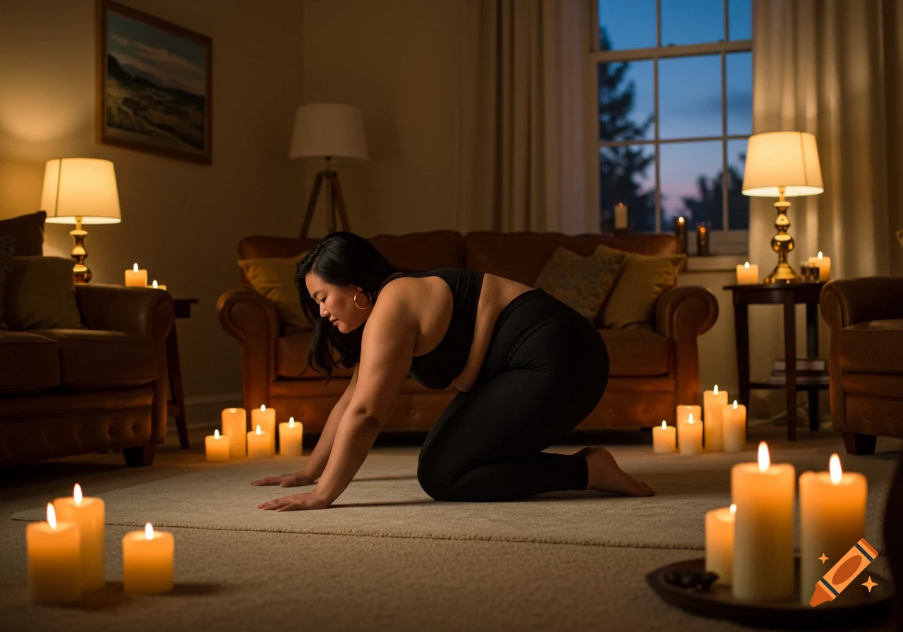 A chubby Asian woman in a yoga pose on her knees, surrounded by many lit candles and lamps in a softly lit room.