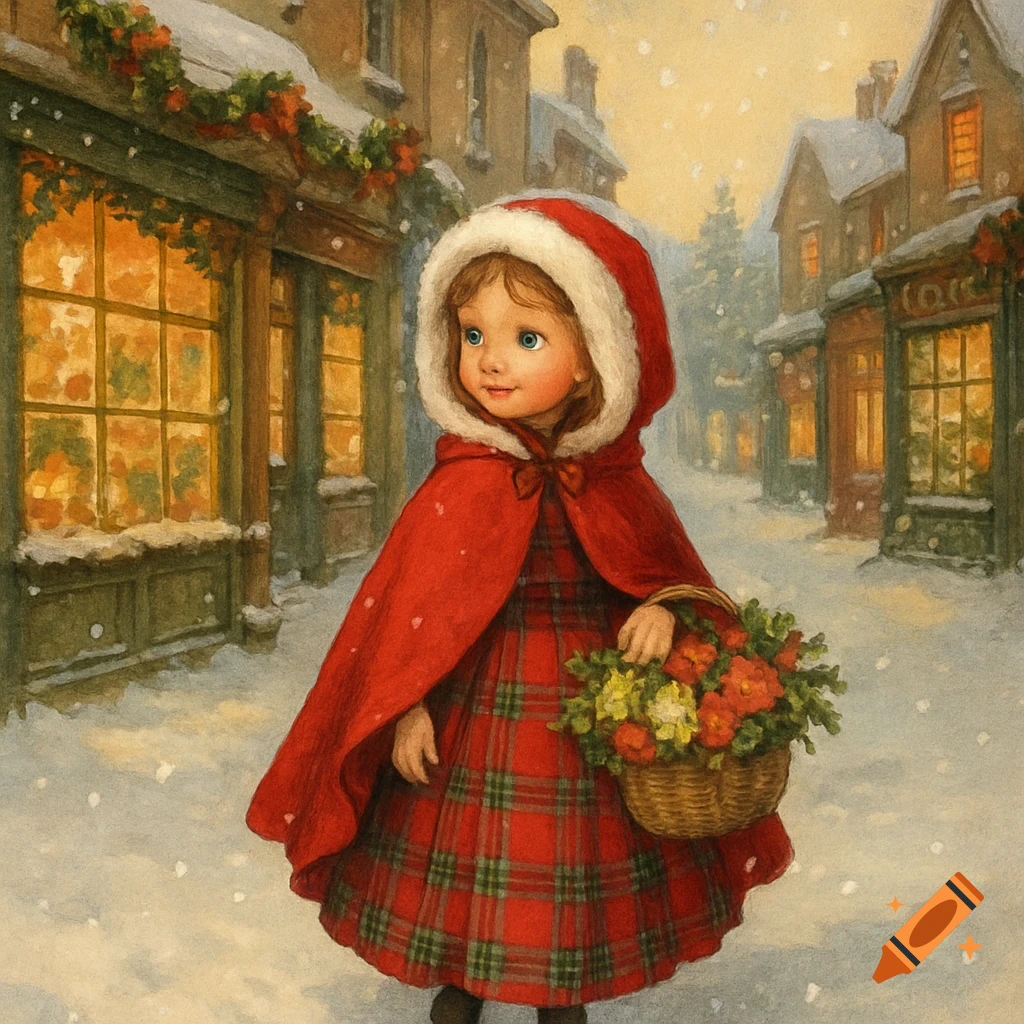 A young girl in a red hooded cape and plaid dress holds a basket of flowers while standing in a snowy Edwardian street lined with shops, in a painterly illustration.