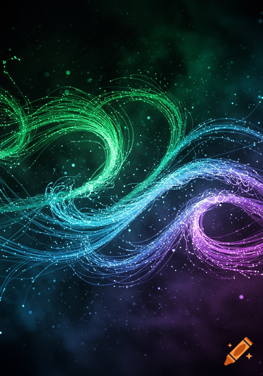 Glowing, intertwining abstract fiber optic strands in green, blue, and purple against a dark, starry background.