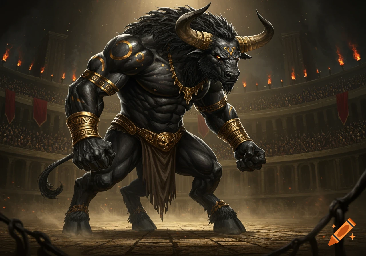 A powerful black minotaur with golden armor and glowing red eyes stands in a dark gladiatorial arena filled with spectators and torches.