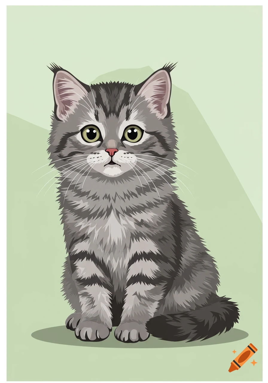 An illustration of a fluffy grey tabby kitten with green eyes, sitting against a light green background.