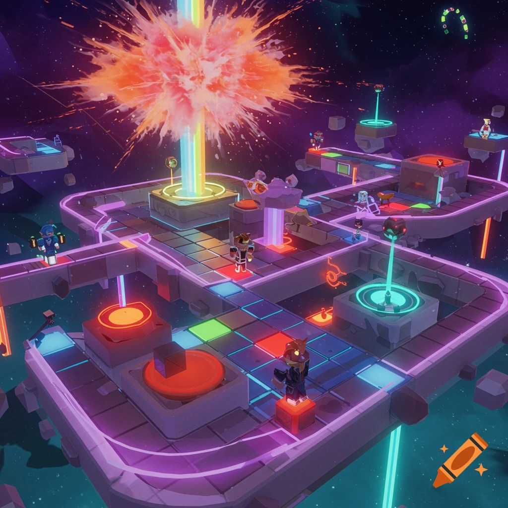 A colorful, futuristic game level with floating platforms, glowing light beams, and small figures in a starry cosmic environment.
