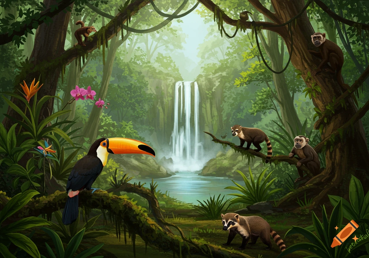 A colorful illustration of a lush rainforest with a waterfall, a toucan, monkeys, and coatis.