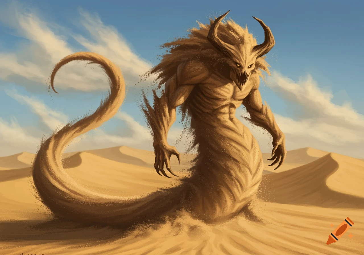 A menacing sand demon with horns and a long tail stands in a desert under a blue sky.