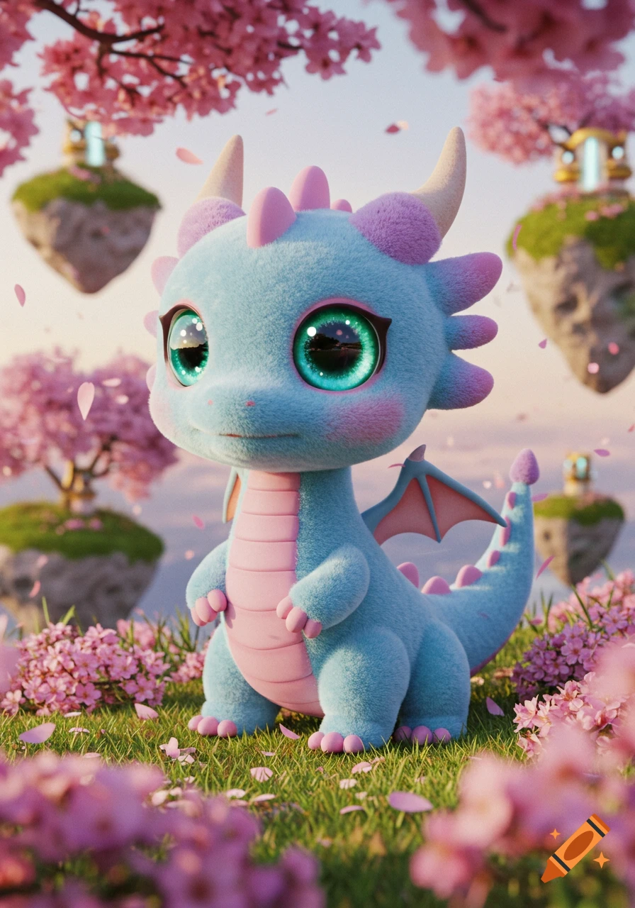 A cute, fluffy blue and pink chibi dragon with large green sparkling eyes stands in a field of pink cherry blossoms with floating islands in the background.