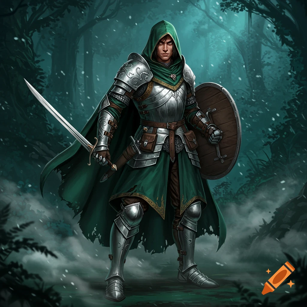 A male fantasy warrior in green hooded cloak and silver plate armor holds a sword and shield in a dark forest with falling snow.