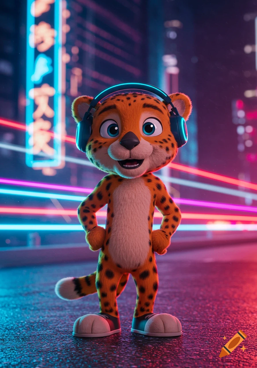 A cartoon cheetah-like character with a headset stands in a neon-lit city street at night.