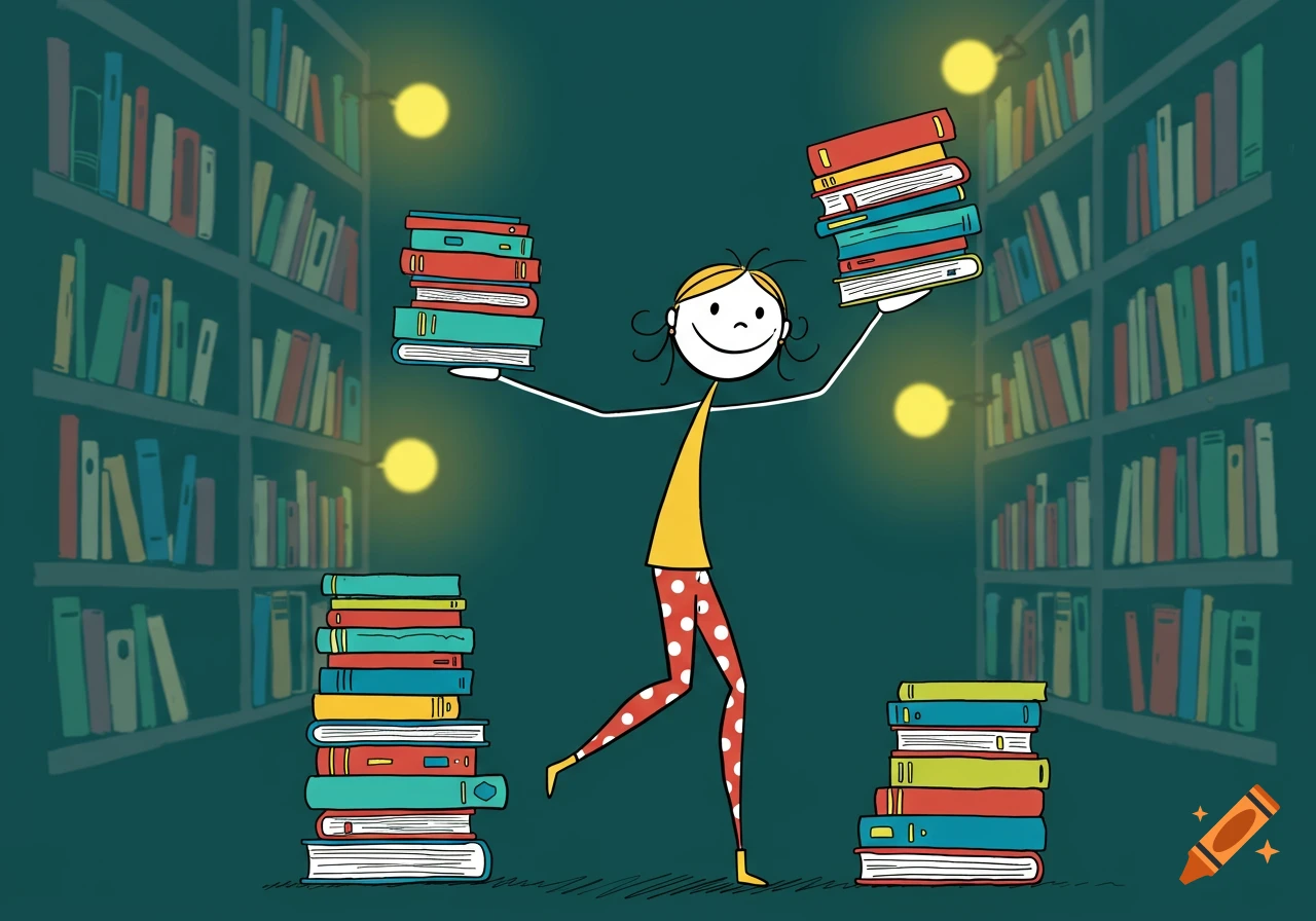 A stick figure librarian in polka dot leggings carries stacks of books, surrounded by bookshelves and glowing lights.