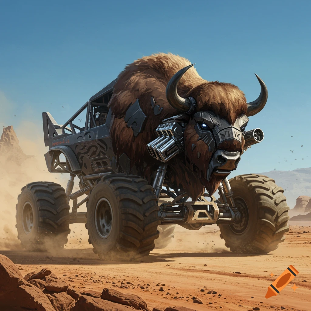A custom offroad vehicle designed to resemble a furry bison with mechanical parts, driving on a dusty desert road.