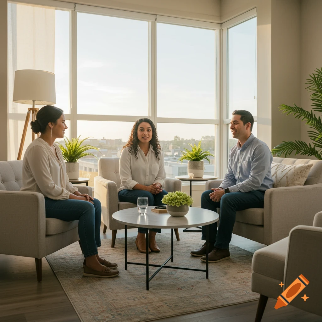 A female fertility coach sits across from a couple in a modern office with large windows, all engaged in conversation.