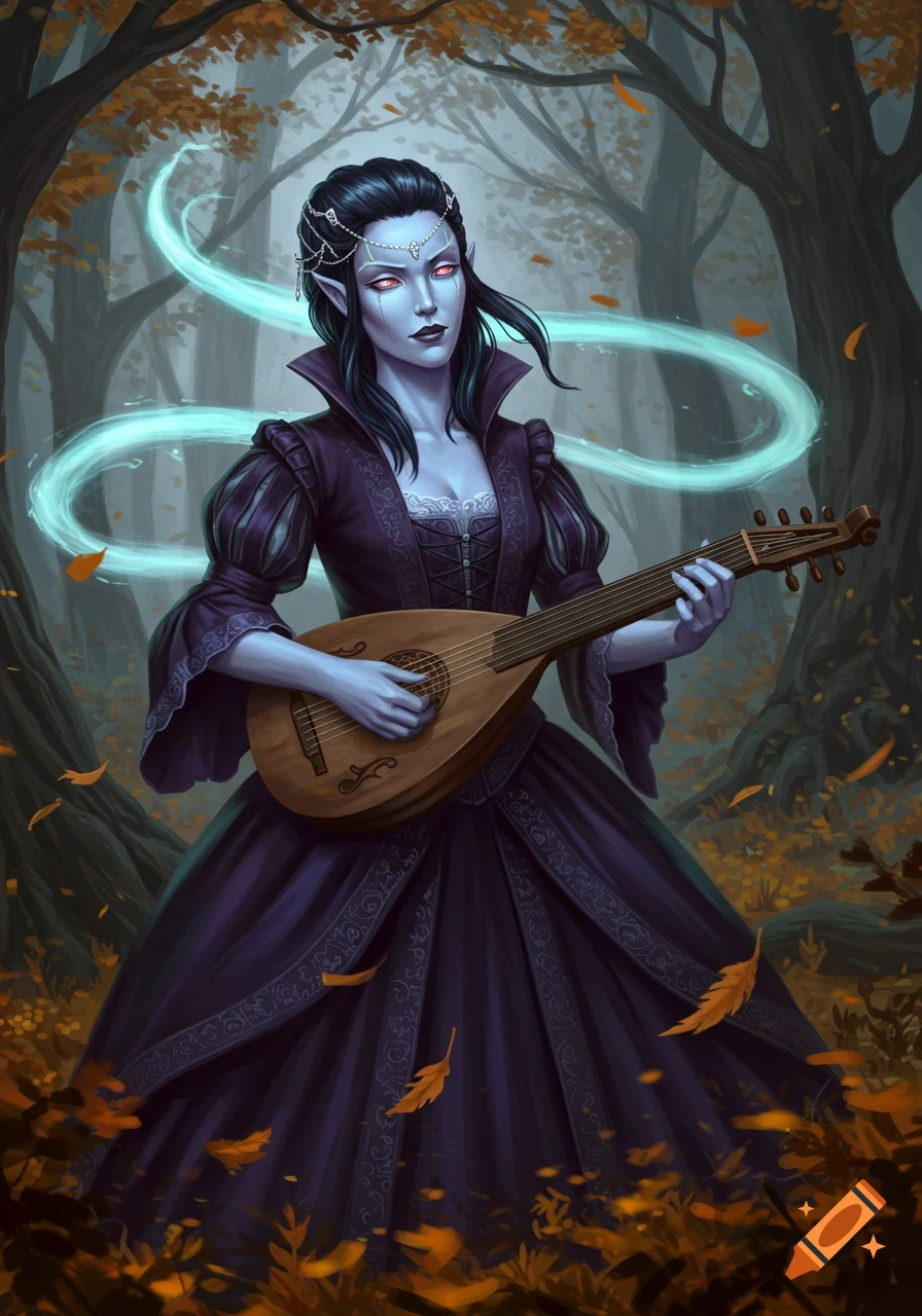 A blue-skinned elf-like woman with red eyes playing a lute in a mystical autumn forest.
