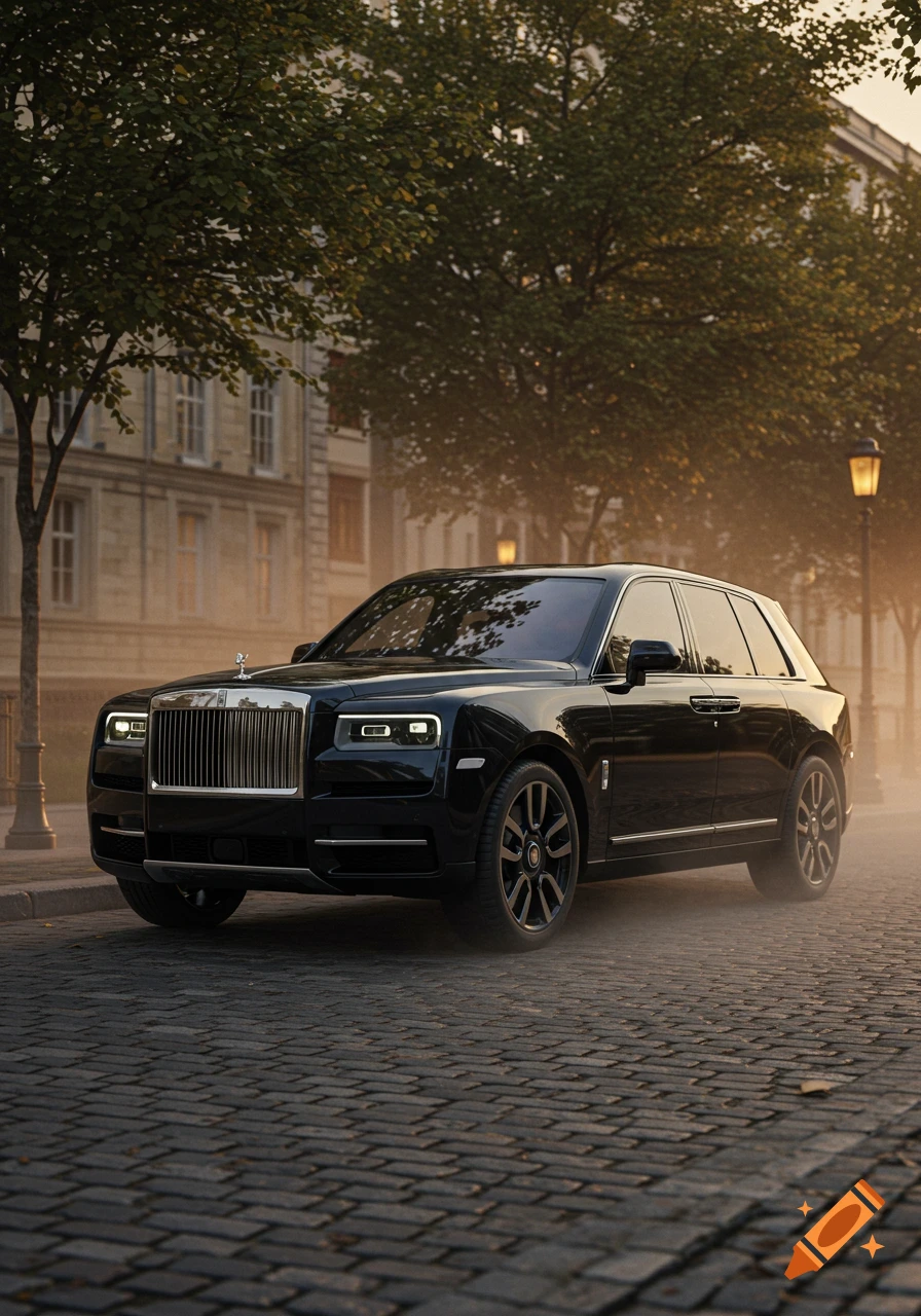 A photorealistic black Rolls Royce Cullinan SUV parked on a cobblestone street at sunset, with misty light and old buildings in the background.