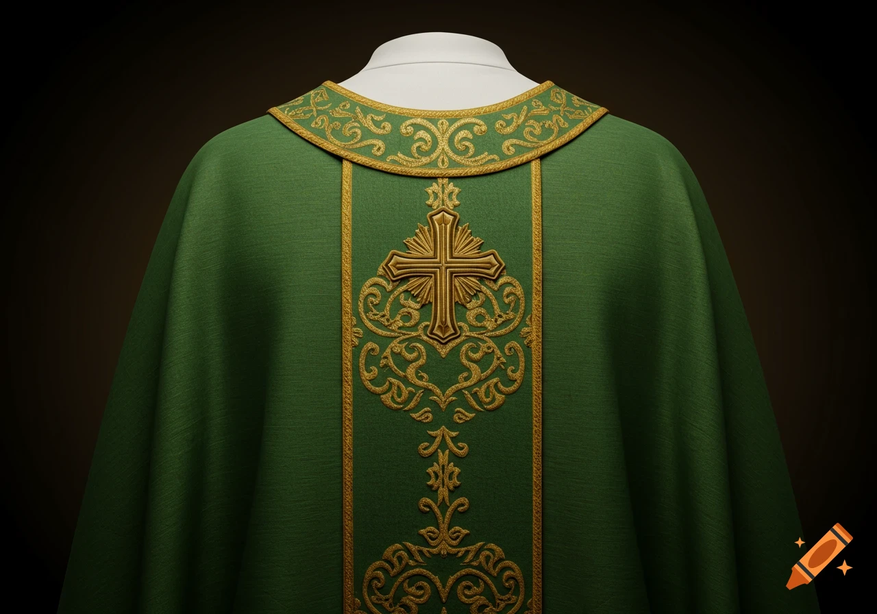 Back of a dark green Roman Catholic chasuble with intricate gold embroidered cross and scrollwork.