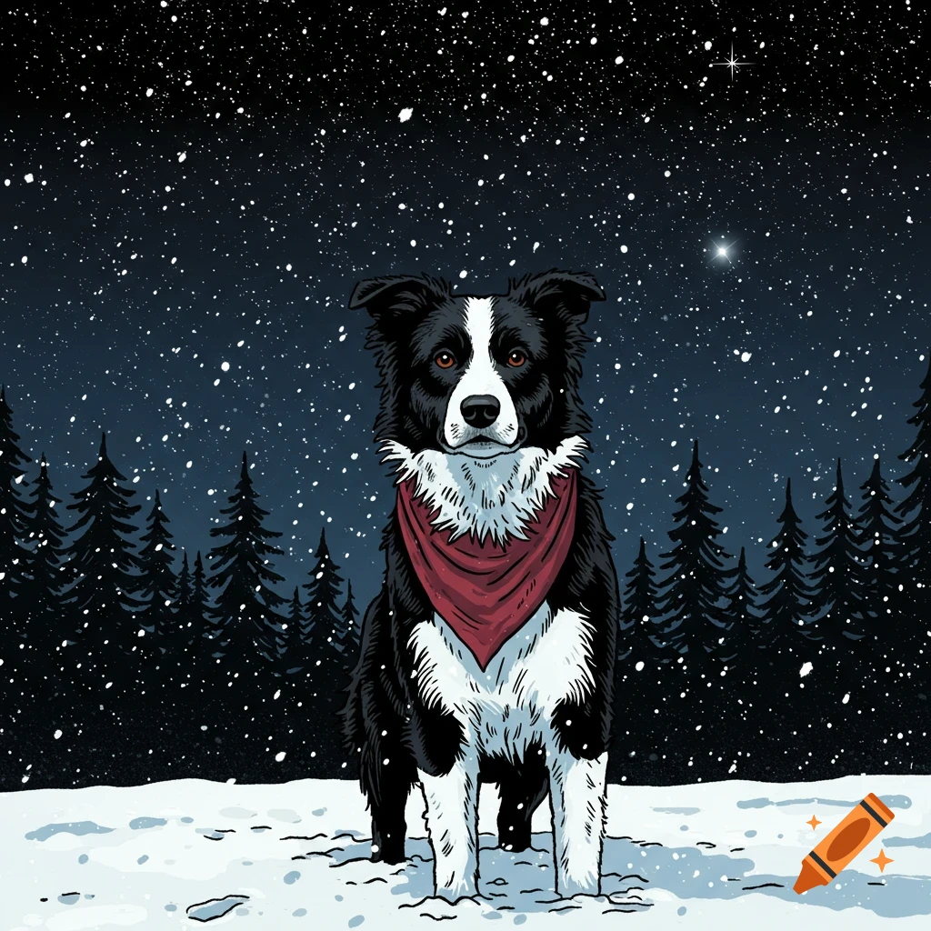 A black and white Border Collie with a red bandana sits in a snowy forest at night with falling snow and stars, in a comic book style.