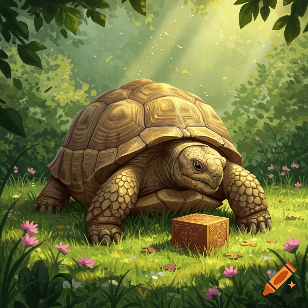 A large tortoise with a textured shell looks at a golden, ornate cube in a vibrant, sunlit forest clearing with pink flowers.