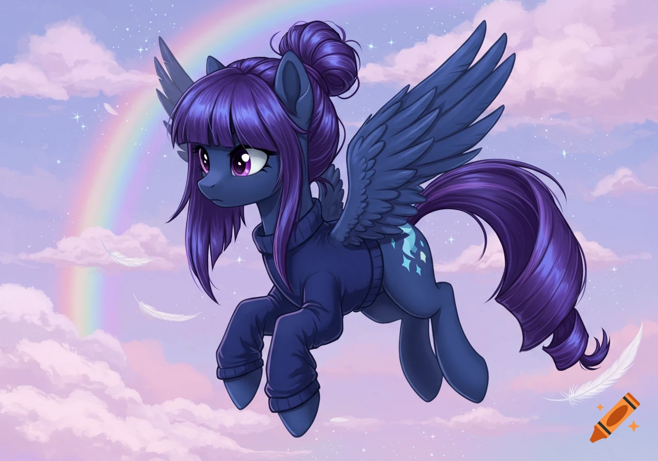 A dark blue pegasus pony with purple hair and a navy blue sweater flies in a pastel sky with a rainbow, clouds, and floating feathers.