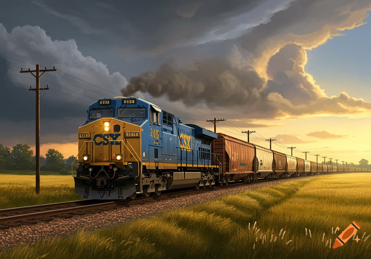 A blue and yellow CSX freight train moves through a golden field under a dramatic sky.