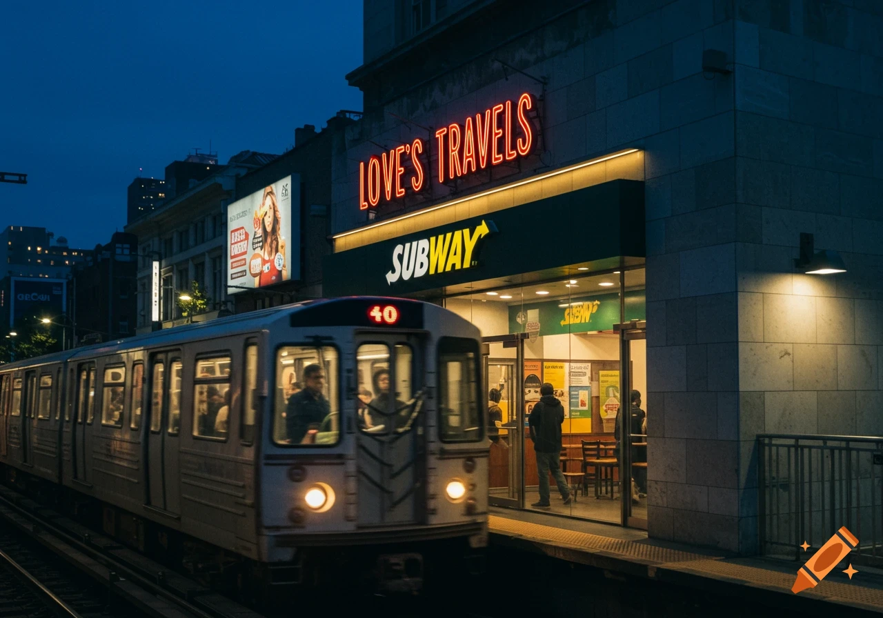 A subway train at a station next to a Subway restaurant and a "Love's Travels" neon sign at night in an urban setting.