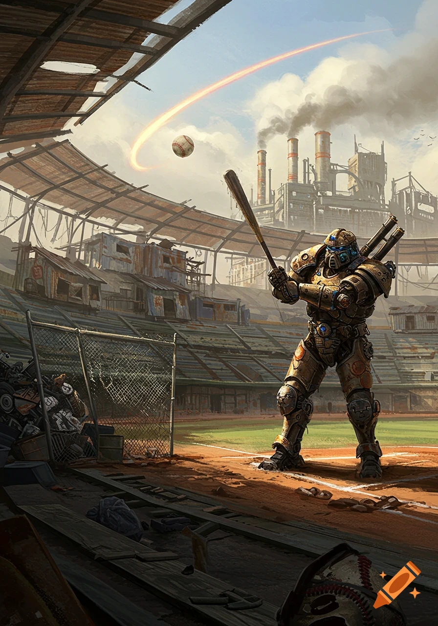 A detailed digital painting of a large mech suit playing baseball in a dilapidated stadium with industrial factories in the background.