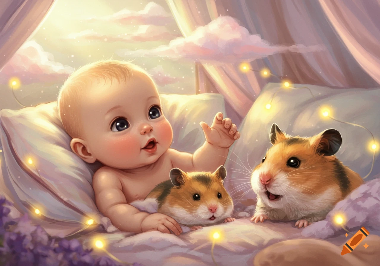 A cute baby with rosy cheeks lies on a pillow with two hamsters surrounded by sparkling fairy lights.