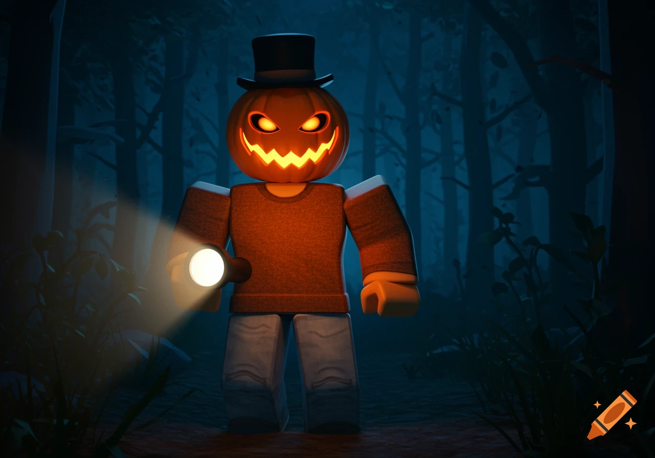 Roblox-style character with glowing jack-o'-lantern head and top hat holds a flashlight in a dark forest.