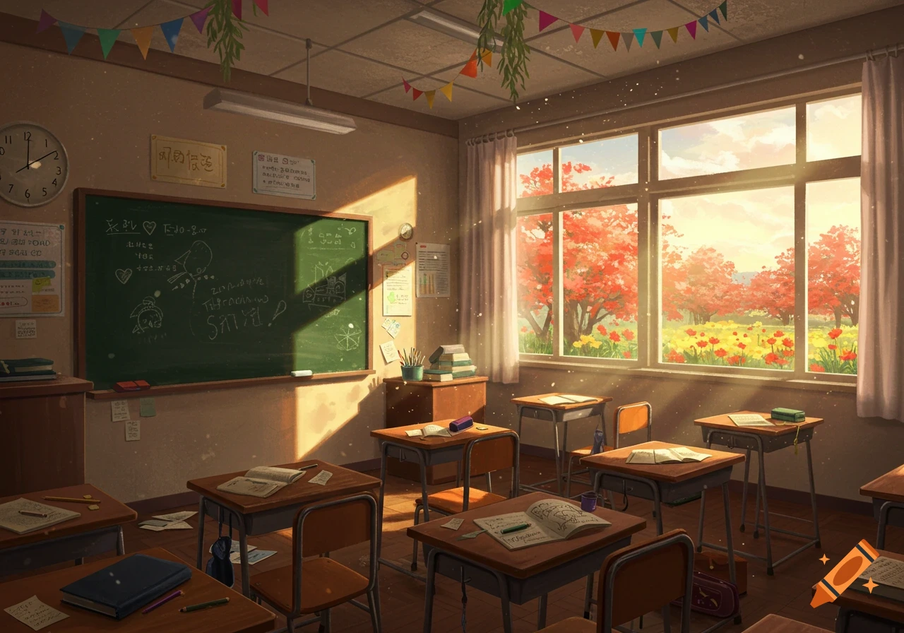 An empty anime-style classroom filled with warm sunlight streaming through large windows, revealing vibrant red trees and yellow flowers outside. Festive flags hang from the ceiling, and desks are scattered with open notebooks and books.