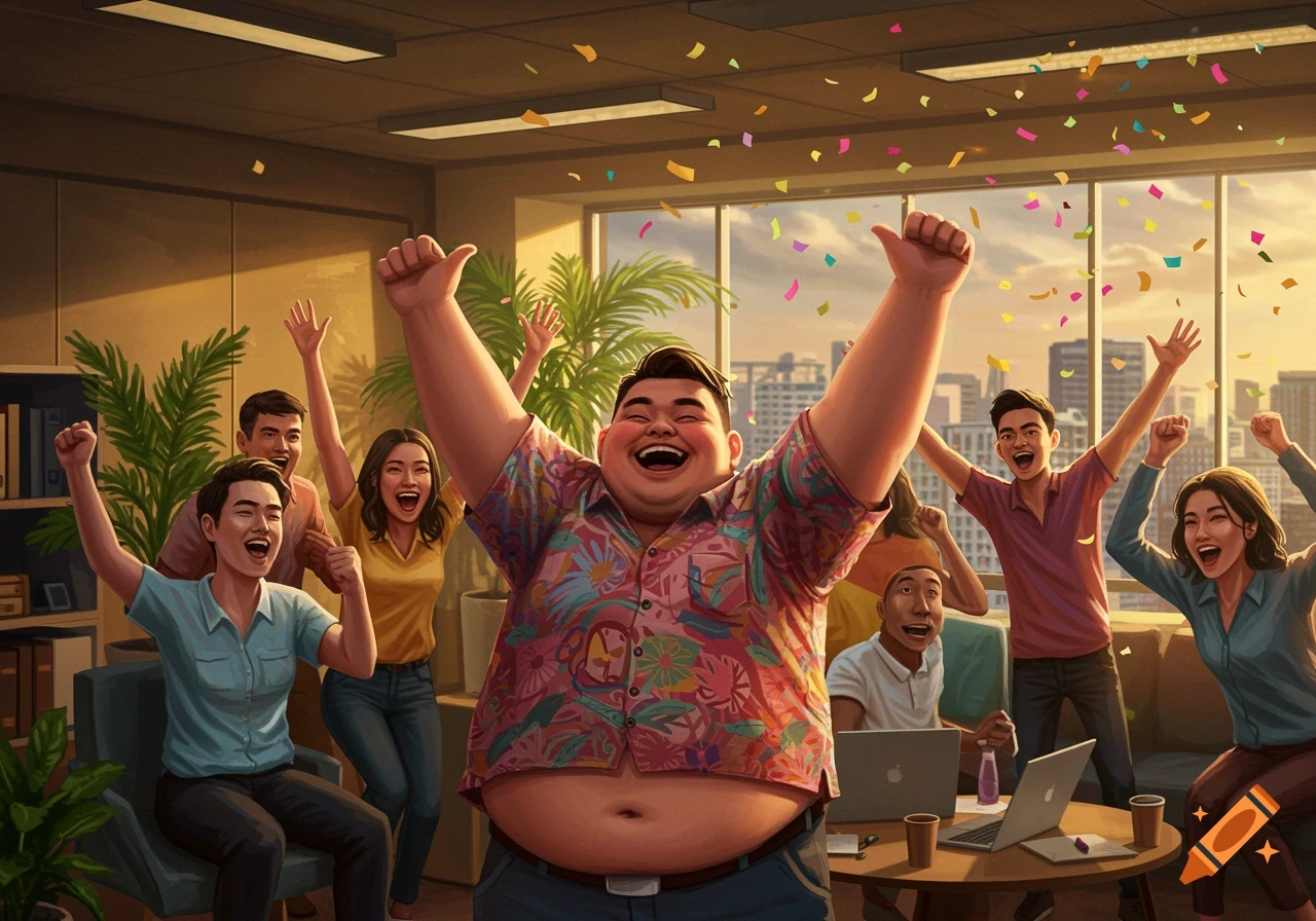 A group of diverse office workers, including a prominent fat man, celebrate enthusiastically with raised arms as confetti falls.