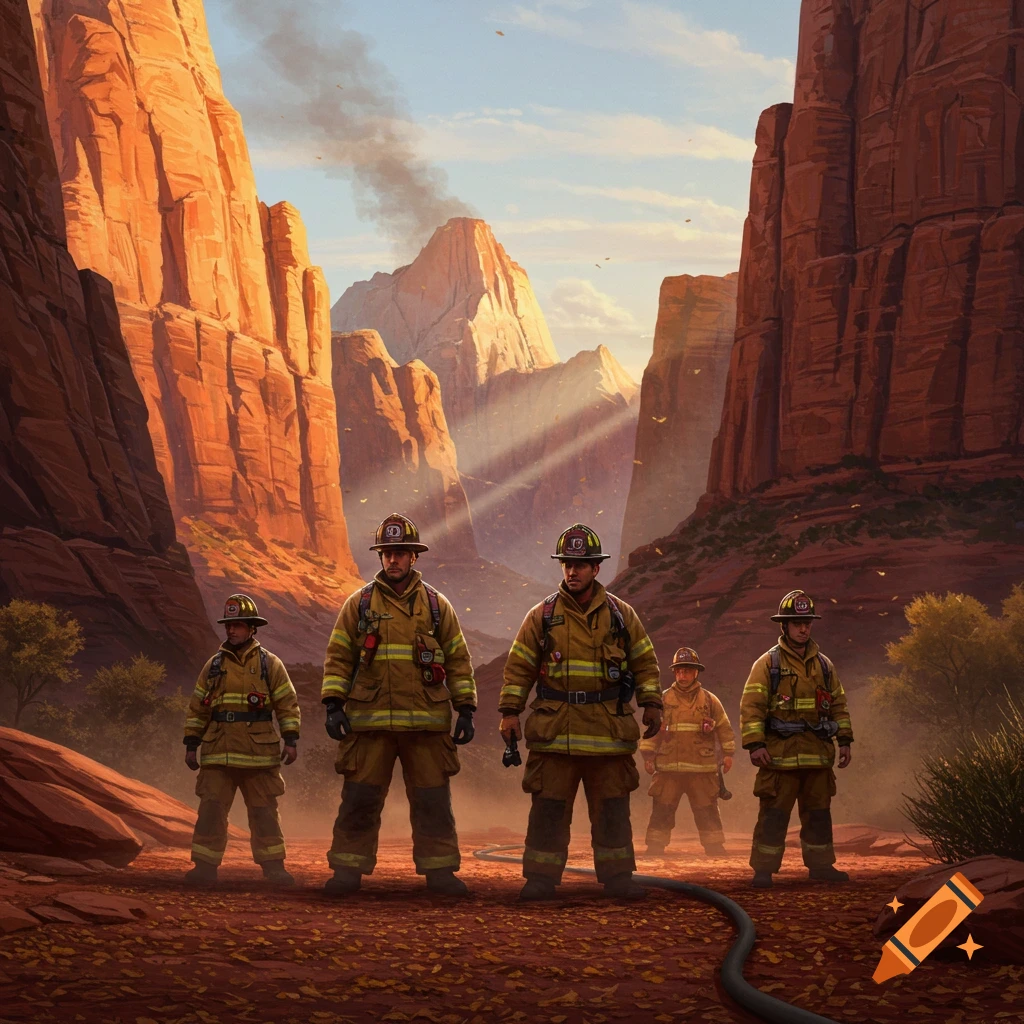 Five firefighters in full gear stand in a red dirt canyon with towering sandstone cliffs and smoke in the background.