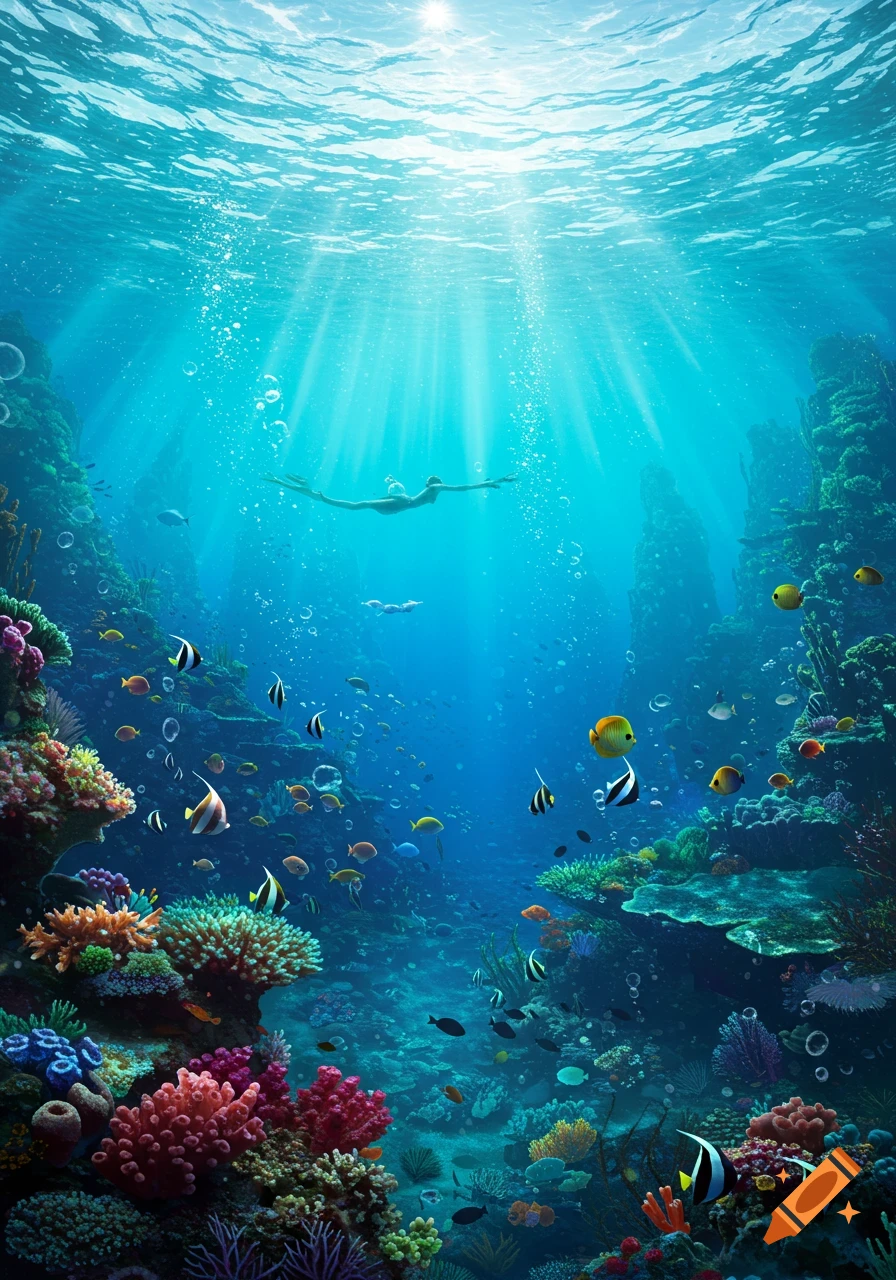 Person swimming in a vibrant, sunlit underwater coral reef teeming with colorful fish.