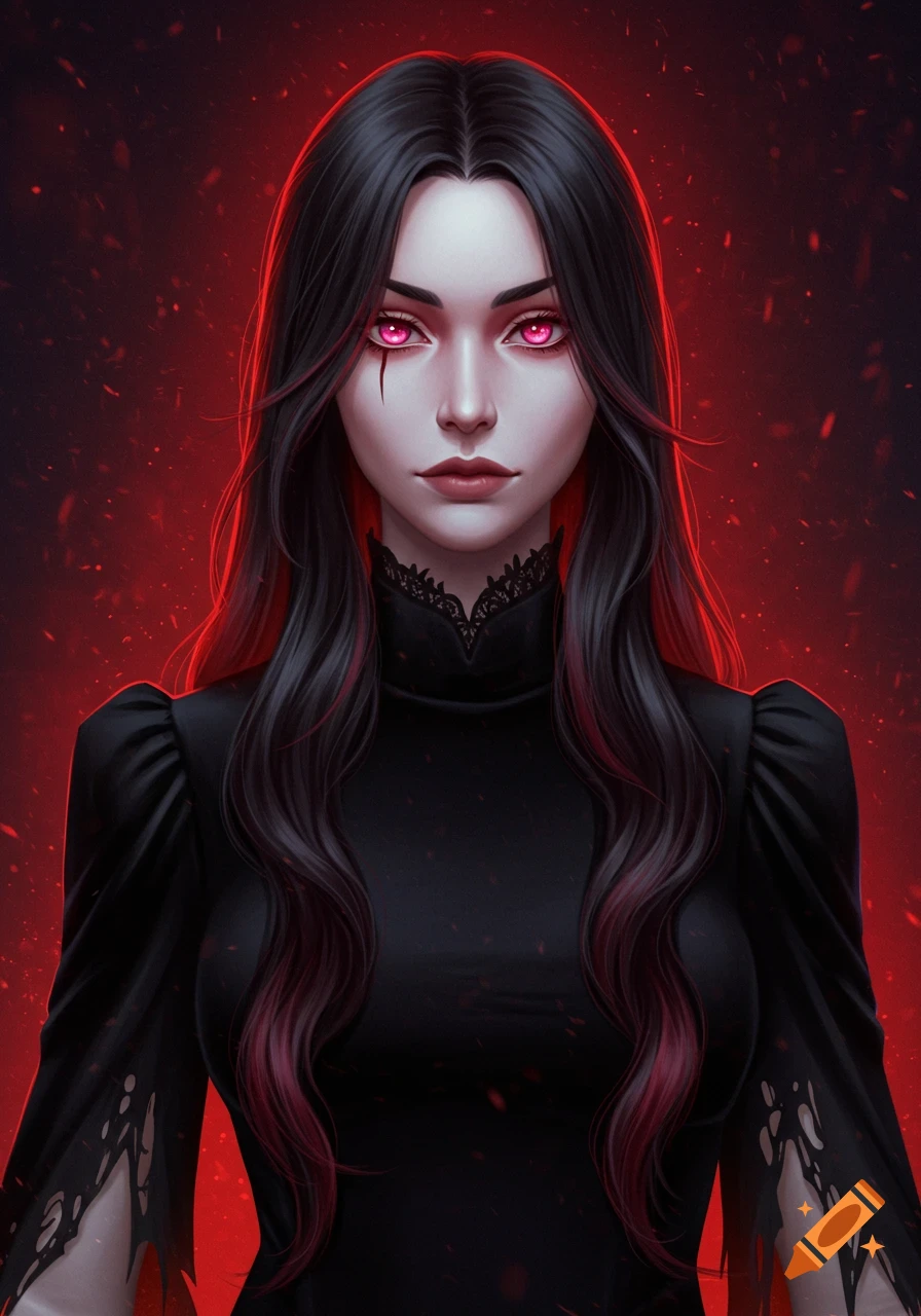 A melancholic woman with long black hair, glowing red eyes, and pale skin wears a black velvet gown against a fiery red background.