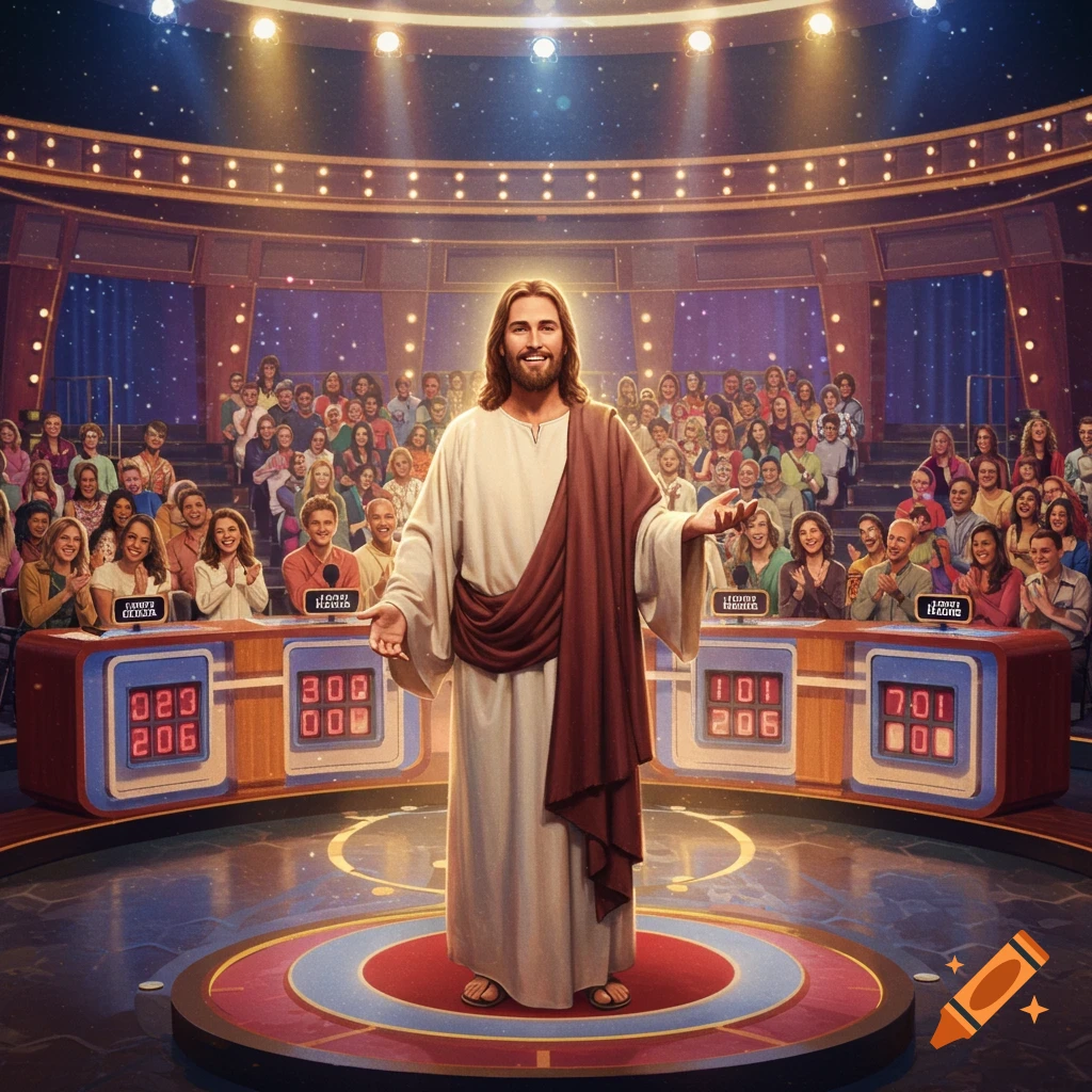 Jesus Christ stands center stage on a brightly lit game show set, similar to Family Feud, with scoreboards and a large audience.