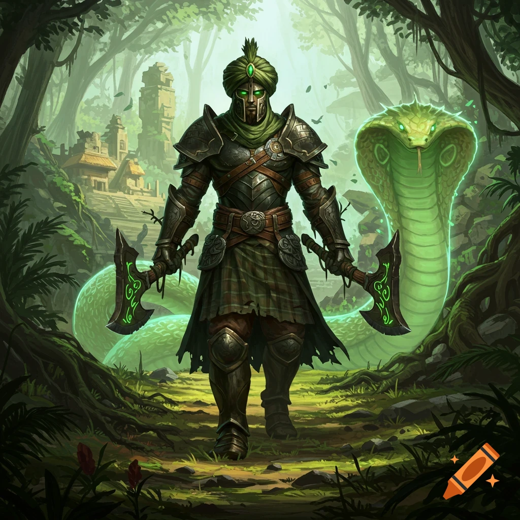 A heavily armored warrior, inspired by Scottish and Hindu styles, stands in a dense jungle with glowing axes, accompanied by a giant glowing green king cobra spirit, with ancient ruins in the background.