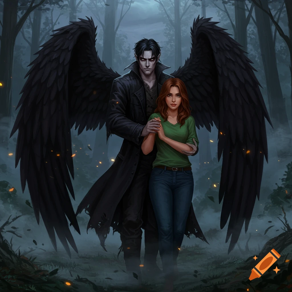 A dark fantasy illustration of a winged man embracing a woman in a misty, moonlit forest.