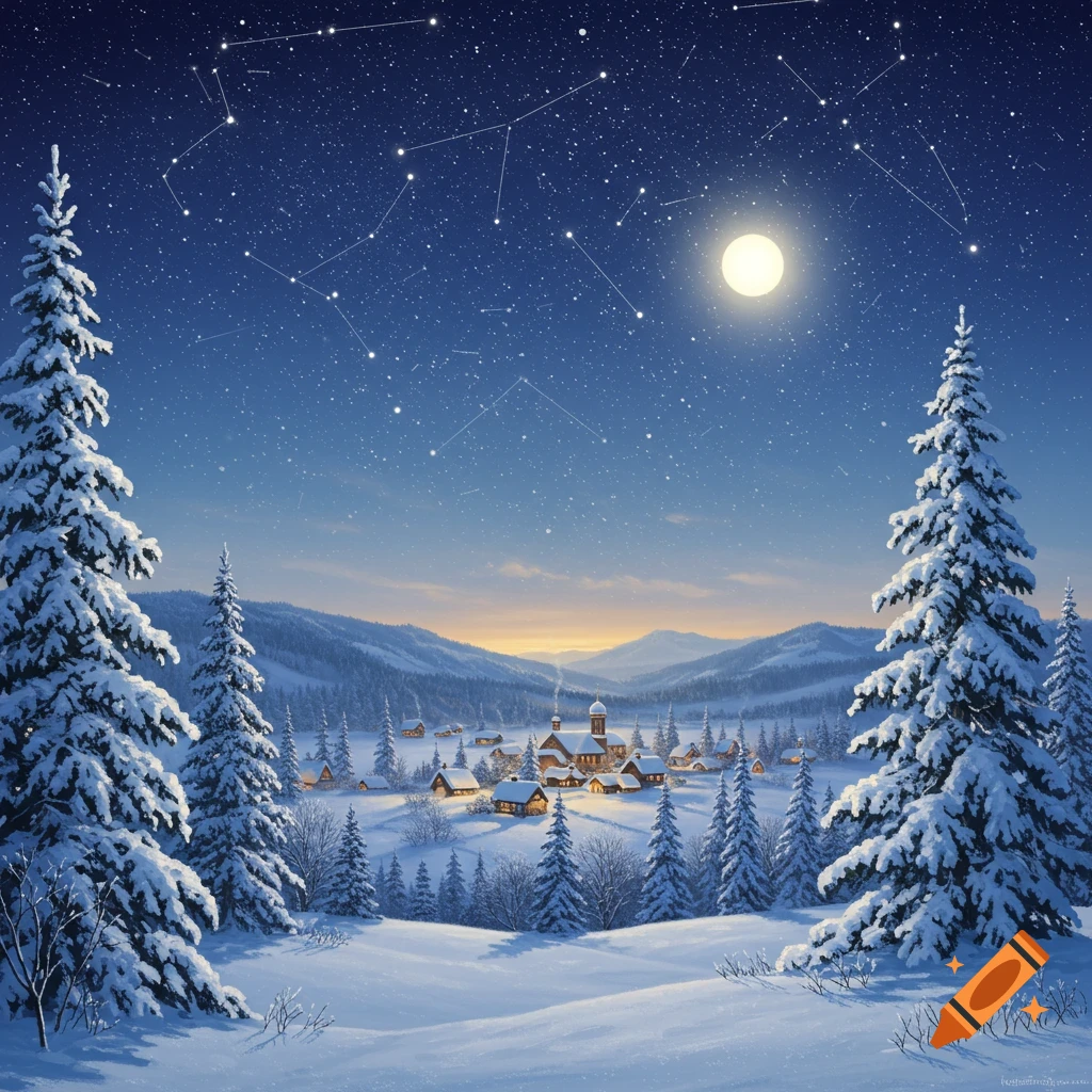 A serene winter night scene with a snow-covered village nestled in mountains, illuminated by a full moon and starry sky with constellations.