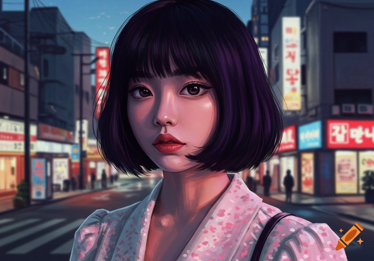 A close-up digital painting of a young woman with short black hair and bangs, standing on a bustling city street with neon signs.