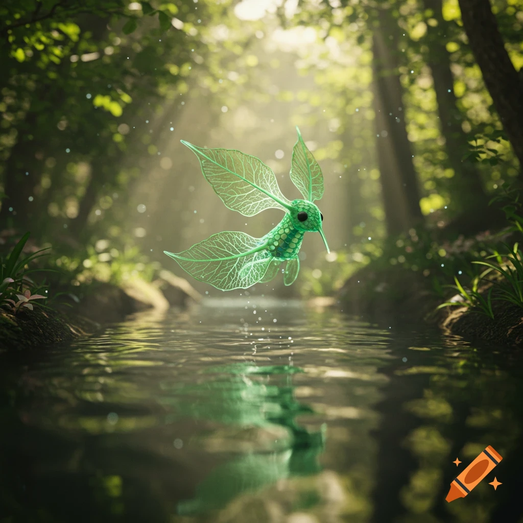 A vibrant green mythical creature with translucent leaf-like wings flies over a reflective stream in a sun-dappled forest.