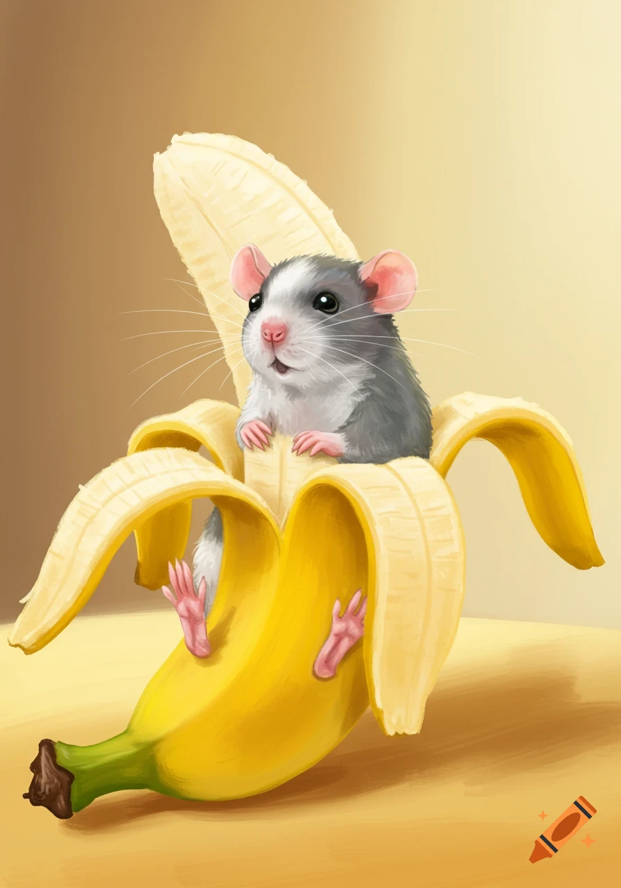 A cute grey and white rat peeking out from inside a peeled yellow banana, illustrated on a light yellow background.