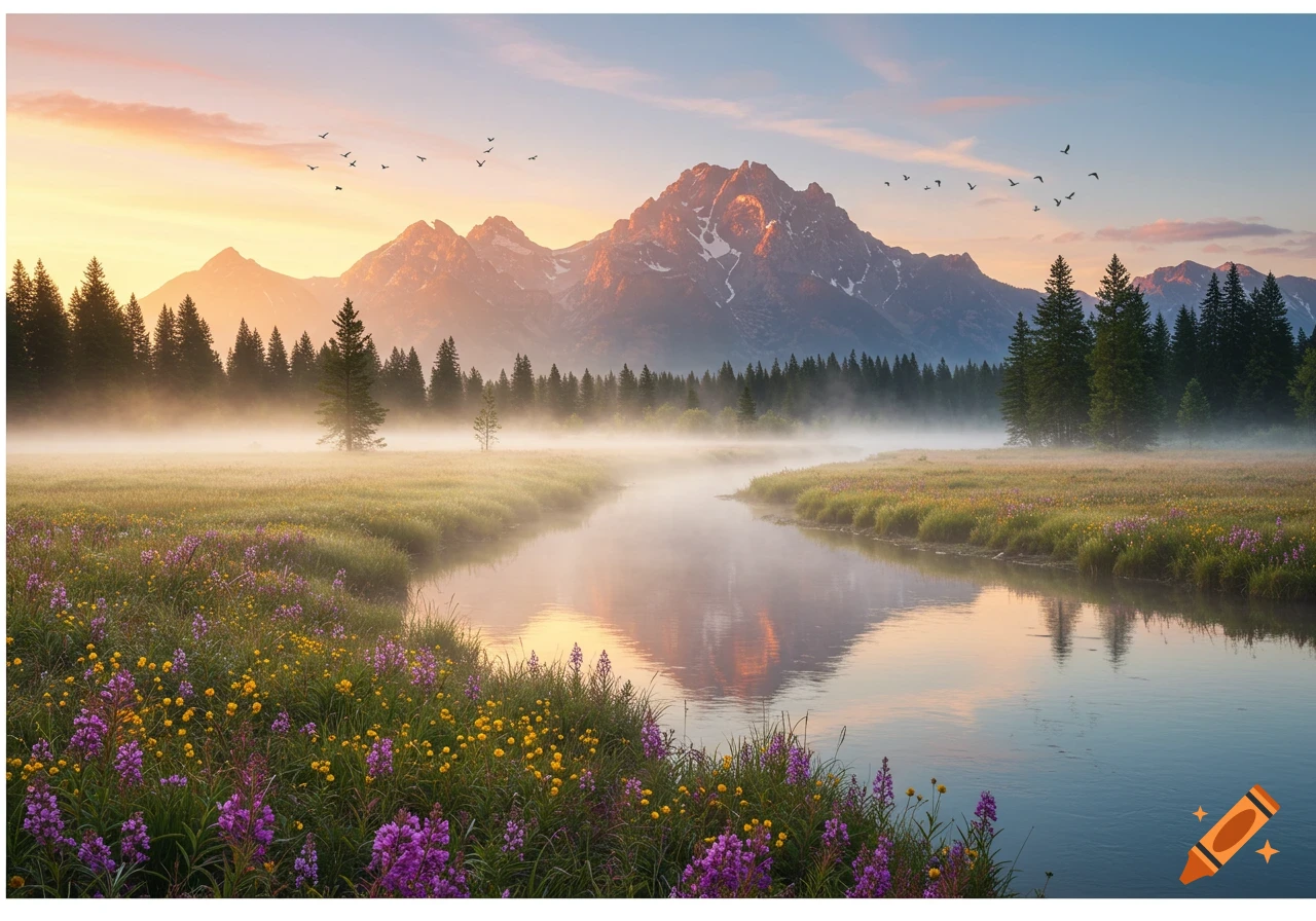 Photorealistic landscape of a misty river flowing through a wildflower meadow and pine forest, with majestic mountains at sunrise.