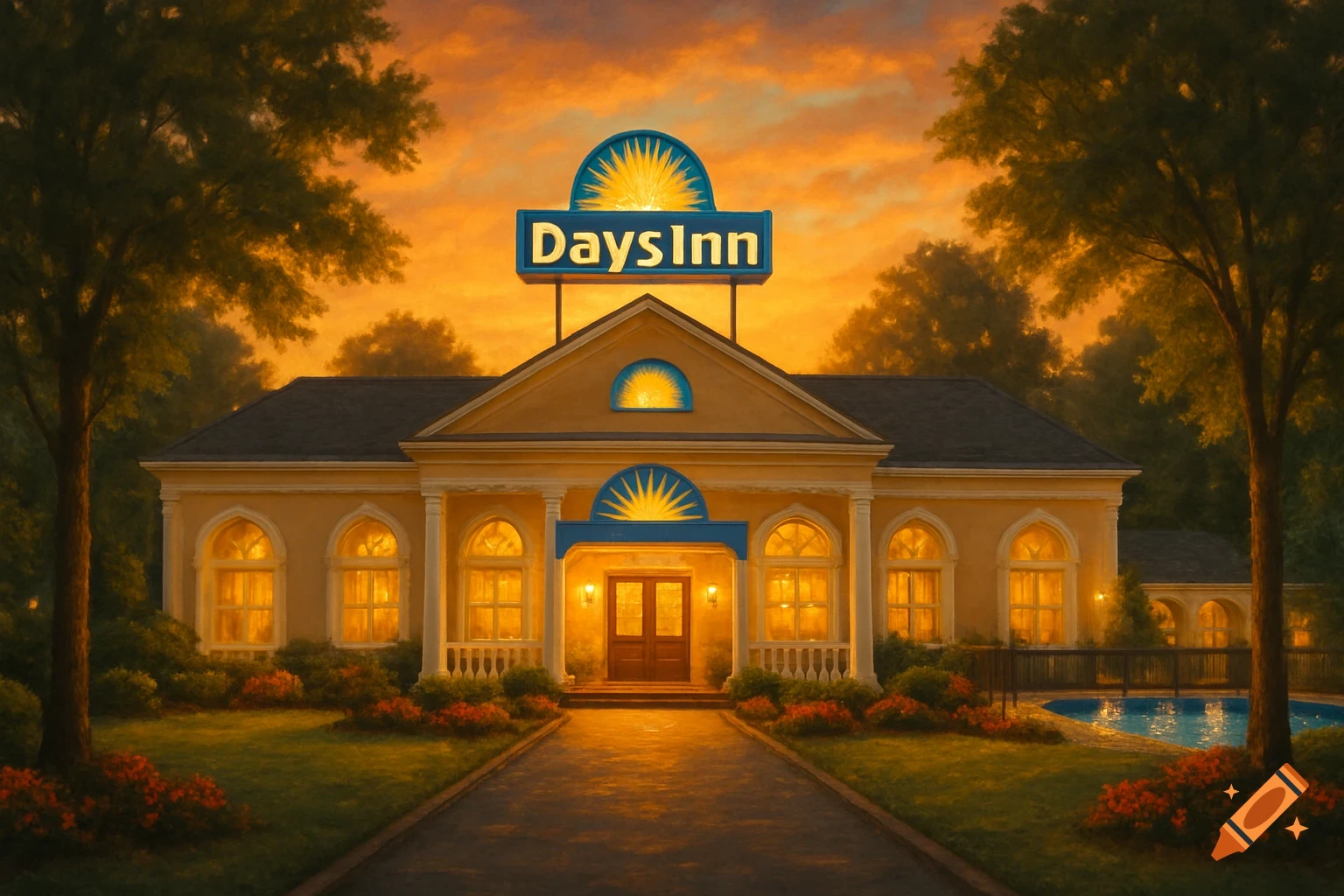 A Days Inn hotel bathed in warm sunset light with a vibrant orange sky, green trees, and a swimming pool.