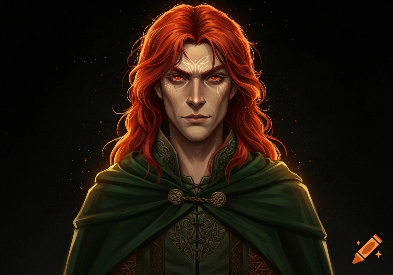 A close-up portrait of a man with long red hair, glowing red eyes, and white tribal markings on his face, wearing a green cloak.