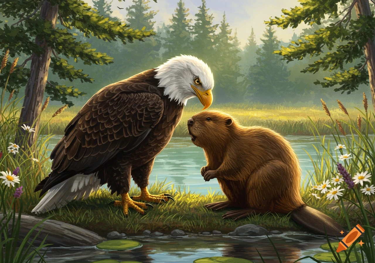 A realistic bald eagle and a beaver face each other by a pond in a sunny forest.