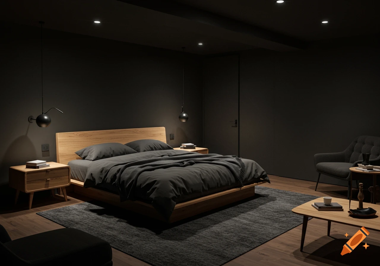 Dark modern master bedroom with a wooden bed frame, dark gray bedding, and minimal lighting.