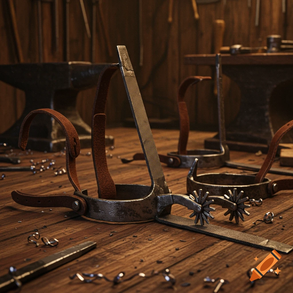 Close-up of metal spurs with leather straps, crafted from files, lying on a wooden workbench with metal shavings. An anvil is blurred in the background.