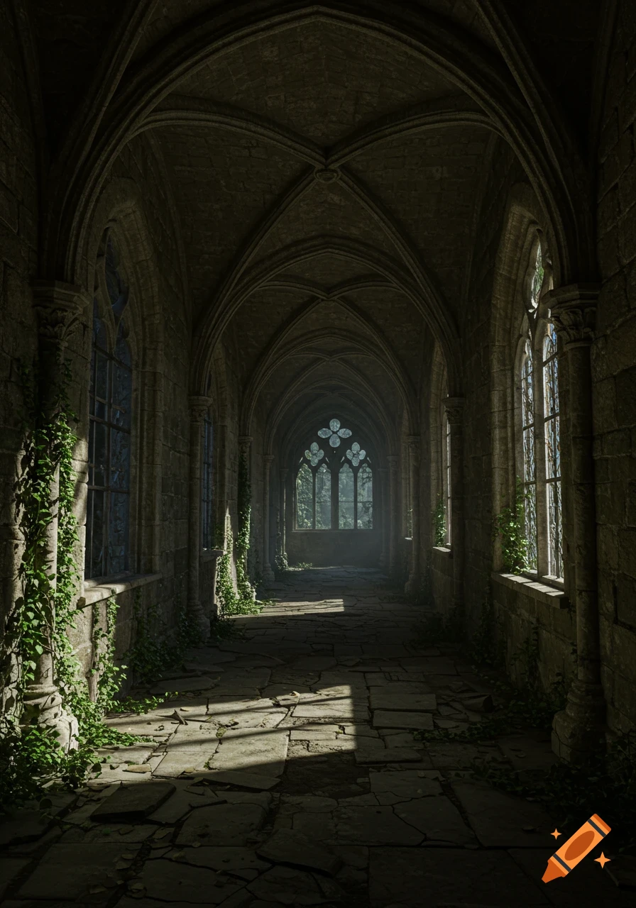 A photorealistic image of a long, dark gothic castle hallway with arched ceilings, sunlit windows, and ivy-covered stone walls.